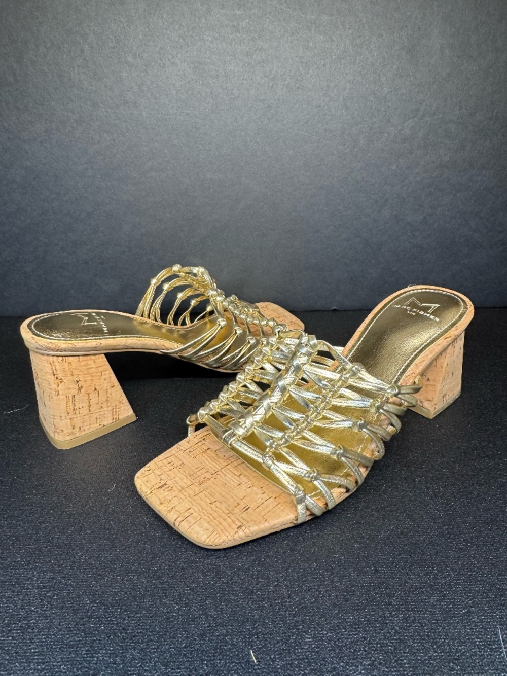 Marc Fisher Ltd Gold Strappy Cork Block Heel Slide Sandals Size 6M